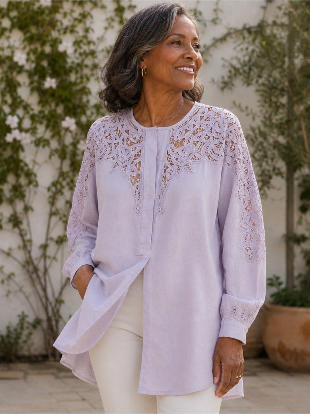 Vintage Together Linen Cotton Tunic Blouse XL Lavender Crochet Boho Lagenlook
